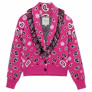 Habitual Girls Jacquard Fringe Pink Bandana Print Cardigan Sweater Size 10